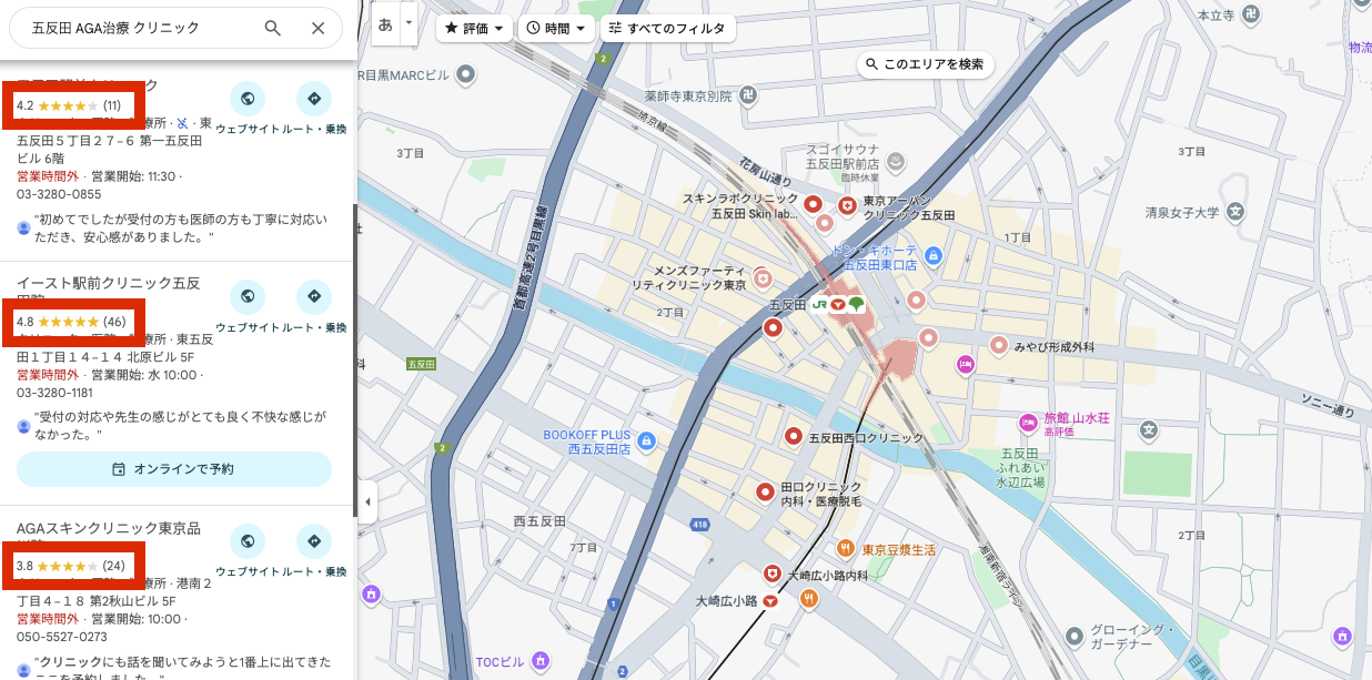 五反田でAGA治療におすすめのクリニックマップ